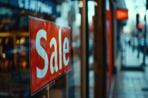 red Sale sign on a glass window, reflecting city lights in the background photo