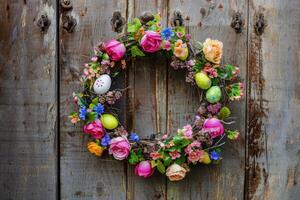 Easter themed wreath with flowers and eggs hanging on a rustic wooden door photo