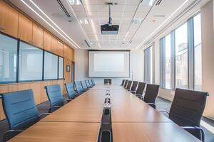 conference room with a long table, chairs, and a projector screen photo