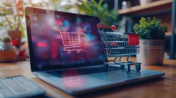 miniature shopping cart on a laptop with a glowing shopping cart on the screen photo