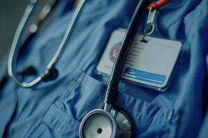 stethoscope resting on a blue scrub uniform with an identification badge clipped to the pocket photo