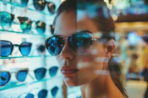 A woman tries on sunglasses in front of a store mirror photo