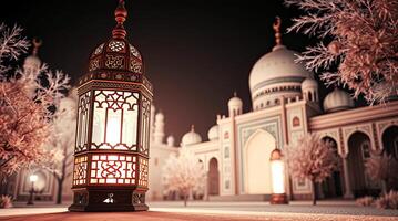 Stunning Ramadan Kareem Background with Glowing Lanterns and Mosque photo