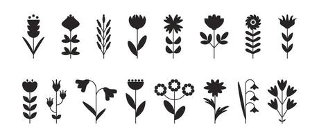 Black Silhouettes of abstract flowers set with leaves from simple geometric shape. Spring and summer botanical icons in flat style. Minimalist floral sketch for poster cover banner print. Nature plant vector