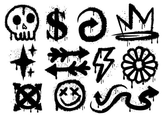 Graffiti spray paint grunge elements set. Street art style icons and rebellious symbols collection. Includes melting emoji, star, arrow, crown, lightning, and more