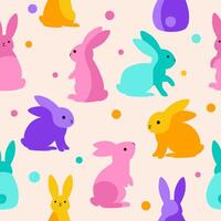 Seamless illustration of colorful Easter bunnies in a flat cartoon style on a light background. Perfect for holiday wrapping paper, textiles, greeting cards, and digital designs. vector
