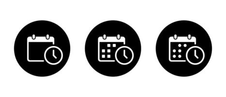 Calendar with clock icon set on black circle. Date time sign symbol vector
