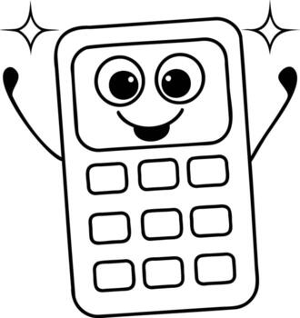 Smiling cartoon calculator with sparkling effects and raised hands. vector