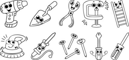 Cute Construction Tools Doodle Set with Smiling Faces vector