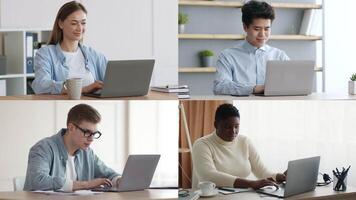 A group of four individuals focuses on their laptops in a contemporary office space. Each person works diligently at their own desk, showcasing a collaborative work environment. video