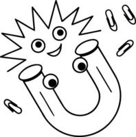 Cartoon magnet with eyes attracting paperclips and a smiling face. vector