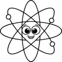 Cartoonish atom character with a smiling face and orbiting electrons. vector