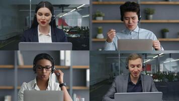 Four professionals participate in a virtual meeting, each working on laptops in a contemporary office. They express enthusiasm and collaboration through gestures and smiles. video