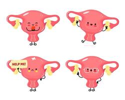 Cute cartoon Uterus characters with different emotions and expressions vector