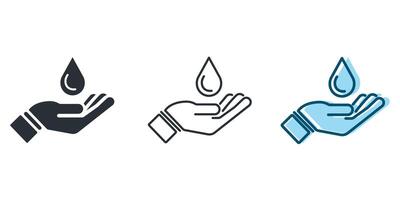 Hand with water drop icons. Save water outline. vector