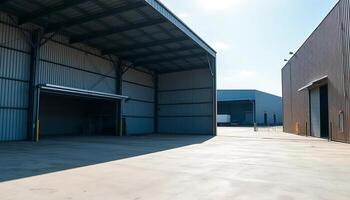 Large Industrial-Grade Metal Storage Building with an Open Garage Door Under a Calm and Clear Blue Summer Sky photo