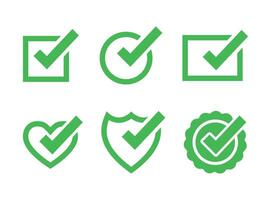 Green Check Marks, Circle Box Rectangle Heart Shield and Award Icons vector