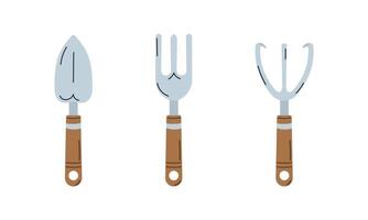 Set of garden tools in cartoon flat style. Isolated on white background. Collection of gardening little spade, fork and rake. vector