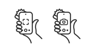Take photo on phone icon. Hand hold mobile and do picture. Digital camera sign. vector