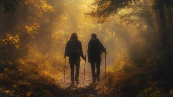 Couple walking in the woods with their backpacks photo