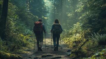 Person with backpacks walking through a forest photo