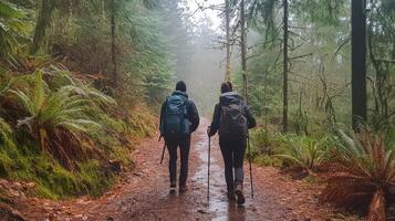 two people with backpacks walking on a trail in the woods photo