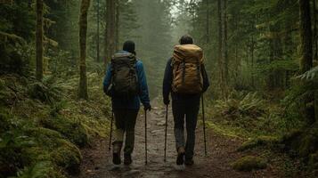 Man and woman with backpacks walking through a forest photo