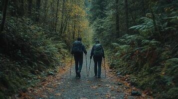 Couple hiking on forest trail with backpacks and walking sticks photo
