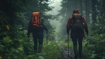 Two person with backpacks walking through a forest photo