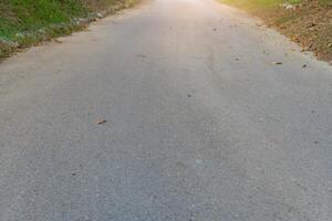 Paved road stretching into the distance. Road appears to be empty and quiet with a warm golden light casting shadows along its surface. The overall impression is one of peace and tranquility. photo