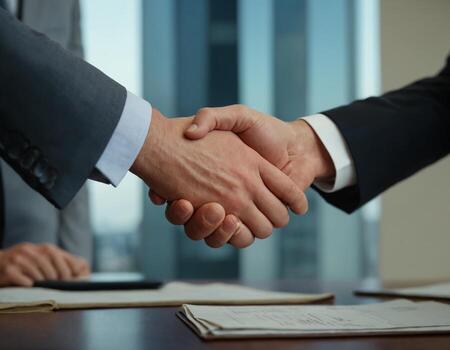 close-up of hands shaking, in the office photo