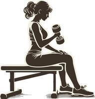 Woman Sit on Bench and Do Workouts with Dumbbells. vector