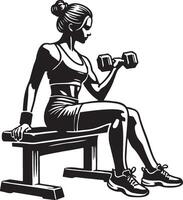 A Woman Sit on Bench and Do Workouts with Dumbbells. vector