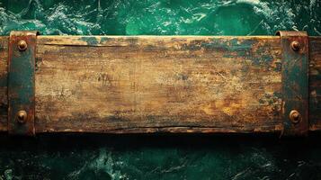 Rustic Wooden Signboard Over Teal Water Background photo