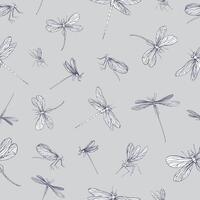Seamless pattern with dragonflies hand drawn with contour lines on grey background. Backdrop with beautiful flying insects. illustration in elegant style for textile print, wrapping paper vector