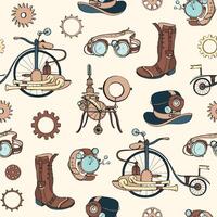 Seamless pattern with steampunk attributes and apparel hand drawn on light background. Backdrop with steam powered machines. Colorful realistic illustration for wallpaper, wrapping paper vector