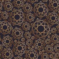 Abstract seamless pattern with geometric shapes drawn with golden contour lines on black background. Geometrical ornamental backdrop. illustration for wrapping paper, fabric print, wallpaper vector