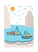 Beautiful summer landscape with boats or yachts sailing in sea or ocean bay against rocky cliffs and sun on background. Seaside scenery. Colorful illustration in modern line art style vector