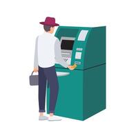 Man standing beside ATM and inserting credit card in slot. Person withdrawing money isolated on white background. Cash withdrawal from automated teller machine. Flat cartoon illustration. vector