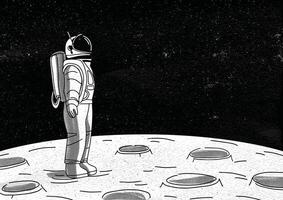 Lonely astronaut in spacesuit standing on surface of Moon and looking at space full of stars. Cosmonaut exploring planet or celestial object during mission. Monochrome hand drawn illustration vector