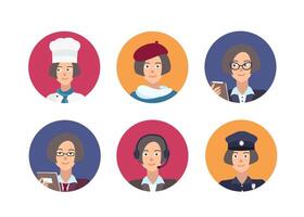 Bundle of round portraits of happy people of different professions. Collection of cute female cartoon characters of various occupations inside circular frames. illustration in flat style vector