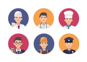 Set of round portraits of happy people of various professions. Bundle of cute male cartoon characters of different occupations inside circular frames. Colorful illustration in flat style. vector