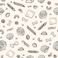 Seamless pattern with various types of raw pasta hand drawn with black contour lines on white background - farfalle, conchiglie, rotini, rotelli, ravioli. Monochrome realistic illustration vector