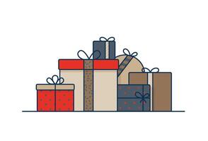 Gift boxes wrapped in wrapping paper and decorated with ribbons and bows. Stack of packed birthday presents isolated on white background. Colored illustration in trendy line art style vector