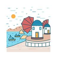 Picturesque seaside scenery with boats or ships sailing in sea and buildings standing on shore against rocky mountains and sun on background. Colorful illustration in modern linear style vector