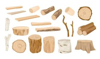 Collection of wooden logs, tree branches, lumbers, timber sawn into rough planks isolated on white background. Set of lumber and industrial wood. Colorful illustration in realistic style vector
