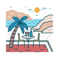 Landscape with romantic restaurant table and glasses of wine at exotic beach against ocean, cliffs and sun on background. Honeymoon at tropical paradise. Colored illustration in line art style vector