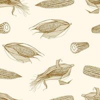 Natural seamless pattern with cobs of sweet corn hand drawn with contour lines on light background. Monochrome backdrop with corncobs. illustration for textile print. wrapping paper, wallpaper vector