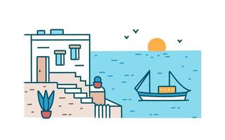 Summertime scenery with beautiful hotel building standing against boat or ship sailing in sea or ocean and setting sun on background. Summer resort. Colorful illustration in line art style vector