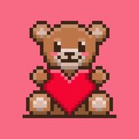 Pixel art teddy bear holding heart on pink background vector